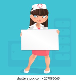 long-haired brunette young nurse in red skirt with massage board
