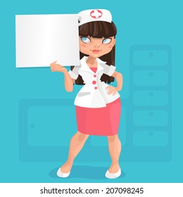 long-haired brunette young nurse in red skirt with massage board