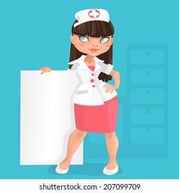 long-haired brunette young nurse in red skirt with message board