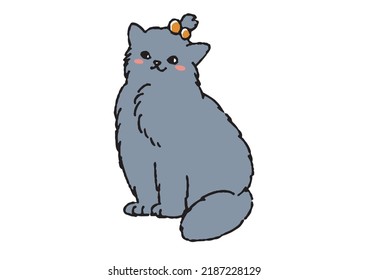 Long-haired cat wearing a hair ornament Comical hand-drawn animal Vector, warm line drawing