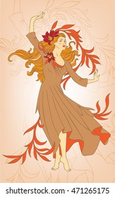 Long-haired dancing girl. Romantic female image. Barefoot girl in a long dress. Autumn color image. Red-haired young woman.