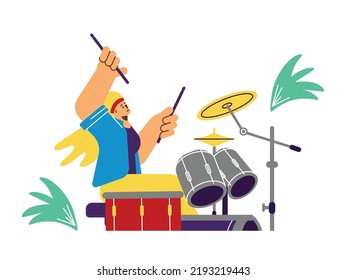 Long-haired drummer playing sound flat style, vector illustration isolated on white background. Musical instrument, beat drums and cymbals, performance