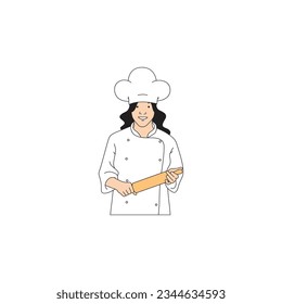 the long-haired female chef was carrying a wooden pestle