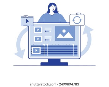 A long-haired female editor is at work, processing content files. Character design. Vector flat illustration