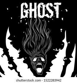 long-haired Ghost head with open mouth in cartoon style