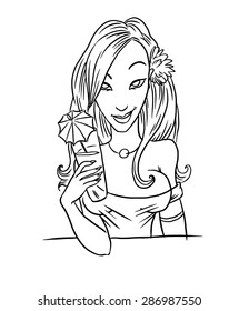 long-haired girl is drinking cocktail - vector hand drawing series of comic illustrations