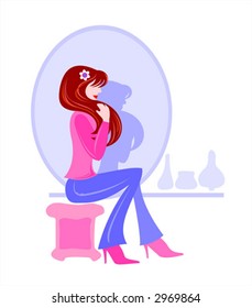 The long-haired girl sitting near a mirror.