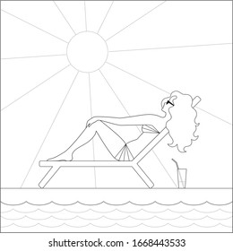 A long-haired girl in a swimsuit sunbathes in a deck chair, sitting with her legs bent and resting her hand on her knees in the line art style, drawing with black outline and dotted line