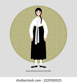 A long-haired girl wearing a 1920s Korean school uniform. Background is the old Korean window frame symbol.