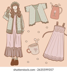 a long-haired girl wearing a knitted shirt and various clothes and tea