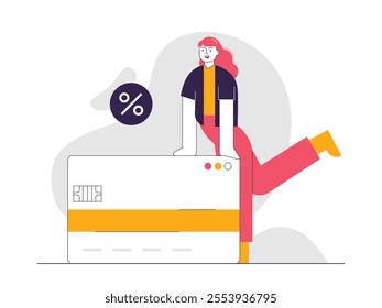 The long-haired lady is happy to have a credit card, making payment simple. Character design. Vector flat illustration