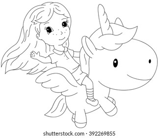 Long-haired lovely girl flying on a fairy unicorn