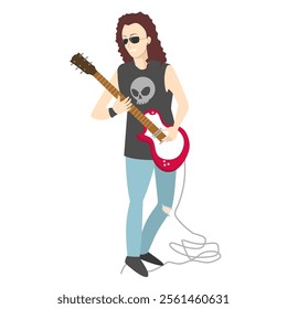 long-haired man playing electric guitar vector illustration