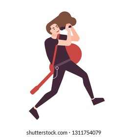 Long-haired man singer, metal rock vocalist or hard rocker with guitar singing in microphone. Male cartoon character performing song on stage. Soloist or vocalist. Flat cartoon vector illustration.