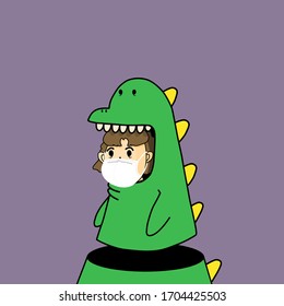 long-haired man wearing a mask to protect against coronavirus dressed in a green lizard mascot still works even during an epidemic.flat vector illustration.