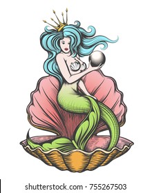 Long-haired mermaid in an open pearl shell holds a pearl in her hand. Vector illustration in tattoo style