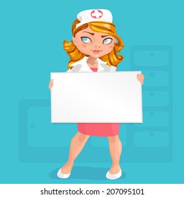 long-haired red-haired young nurse in red skirt on a colored background with massage board