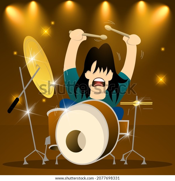 A long-haired rock drummer plays on stage amid the spotlights. A beautiful illustration for wallpaper, mural, posters and your other projects. Vector. 