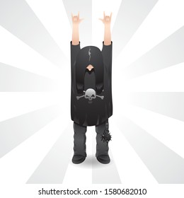 The long-haired rocker holds up a horn sign in a skull t-shirt on isolated background. Vector image eps 10