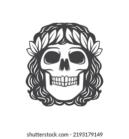 long-haired skull with leaves around the head