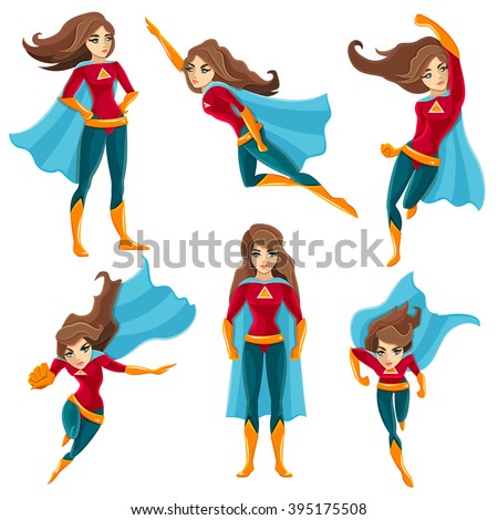 Longhaired superwoman actions set in cartoon colored style with different poses vector illustration ストックフォト © 