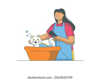 Long-haired woman is bathing her white cat in the bathroom. Cleaning schedule. Character design. Vector flat illustration