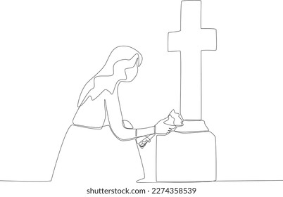 A long  haired woman carrying flowers at funeral  One line drawing