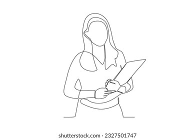 A long-haired woman holding an office document. Businesswoman one-line drawing