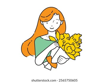 Long-haired woman holding a yellow bouquet