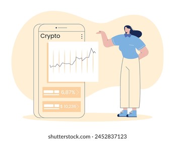 Long-haired woman is monitoring crypto currency graphics on her phone. Character design. Vector flat illustration