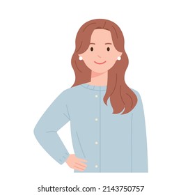 A long-haired woman is standing in a confident pose with one hand on her waist. flat design style vector illustration.