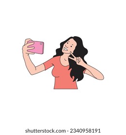 long-haired woman taking a selfie in front of a cellphone camera