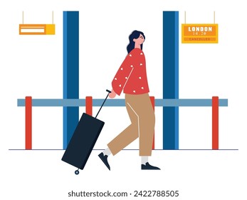 Long-haired woman walking at the airport while pushing a luggage, happy holiday time. Character design. Vector flat illustration