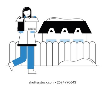 Long-haired woman walking on the street carrying a Christmas decoration lamp. Design character. Vector flat illustration