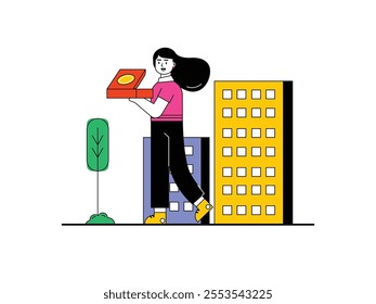 Long-haired woman walking while carrying a pizza box with a happy face. Character design. Vector flat illustration