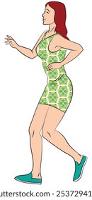 A long-haired woman wearing a short skirt is dancing. Illustration in colors and vector format.