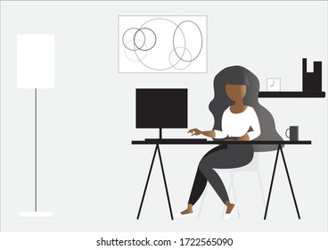 A long-haired woman wearing a white shirt working with a computer is at a desk in a house with a white room.