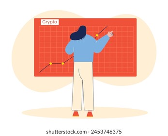 Long-haired young woman looking at the rising graph, crypto currency. Character design. Vector flat illustration