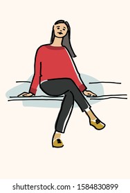 Longhaired young woman sitting on a bench vector illustration. Lecture listener, audience concept. Waiting concept. On a lesson, conference, training course, in a waiting room