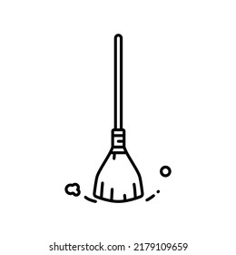 Long-handled broom icon with puffs of dust around it in outline style