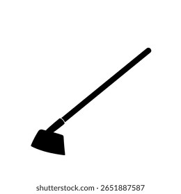 A long-handled garden hoe as a solid black silhouette icon. A simple graphic tool for farming, weeding, and cultivating soil.