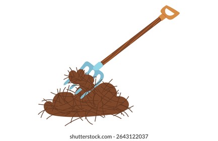 Long-handled pitchforks lift hay, manure, and compost. household. Gardening tools. Flat color illustration. It is suitable for the design of articles and educational materials on gardening and hobbies
