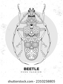 Longhorn beetle silhouette with gears. Punk style. Beetle vector illustration