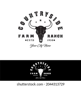 Longhorn Bull Buffalo Cow skull for Western Countryside Farm Ranch Country logo design