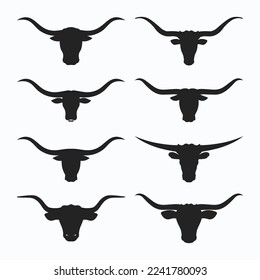 Vector del conjunto de iconos de silueta de la cabeza de toro de Longhorn. Conjunto de vectores de iconos de cabeza de toro.