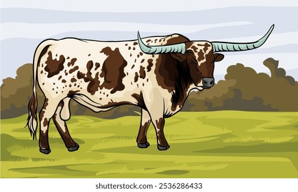 longhorn cattle in green grass field vector