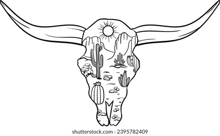 Longhorn Cow Skull, Desert Bull Skull, Hand Drawn Texas Skull, Western, Laser Cut File, Cow Skull Silhouette svg