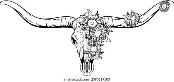 Longhorn Cow Skull With Flower, Bull Skull Flower, Hand Drawn Texas, Western, Laser Cut File, Cow Skull Silhouette svg