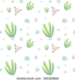 Longhorn cow skull head and agave pattern. Desert landscape in cartoon style. Cactus and succulent flora pattern.