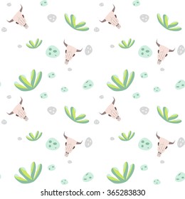 Longhorn cow skull head and aloe pattern. Desert landscape in cartoon style. Cactus and succulent flora pattern.